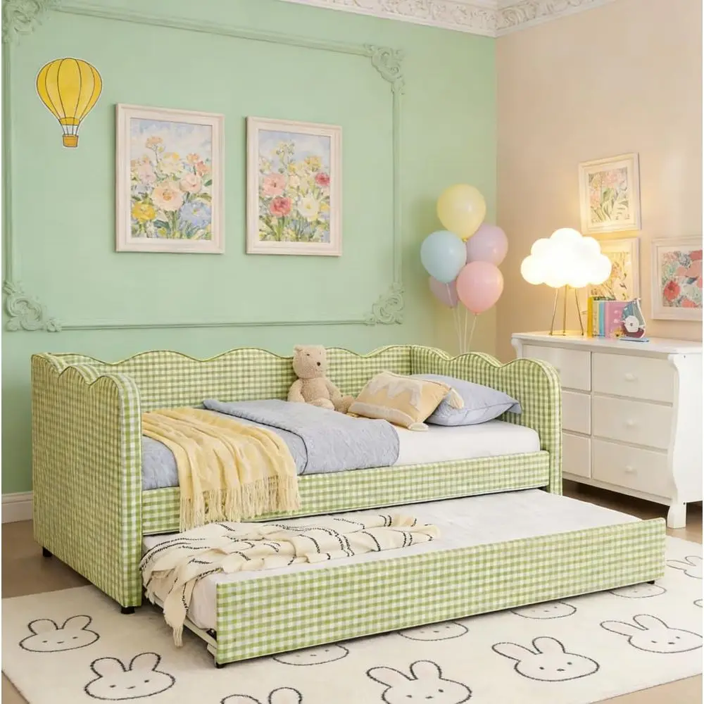 Twin Size daybed with Trundle or Adults, Kids, Girls, Teens, daybeds with Trundle or Living Room, Linen,Green Gingham(Mattrnot I