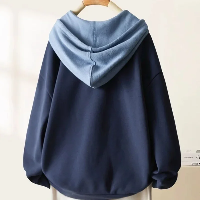 

Button Top Fashionable and Versatile Fake Two-piece Hooded Sweatshirt for Women Contrasting Simple