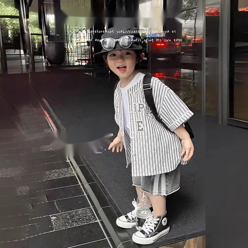 

Boys' Sets Button T-shirt Shorts Two-piece Summer Suits Children's Clothing Stripe Letter Korean Casual Handsome Style Suits