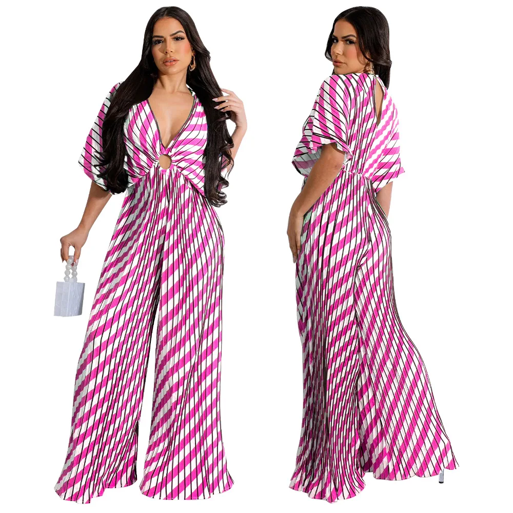 Wide Leg Pleated Jumpsuits V Neck Flare Pants Bodycon Rompers 2023 Spring Y2K Streetwear Clothes Women Bodysuit Playsuits