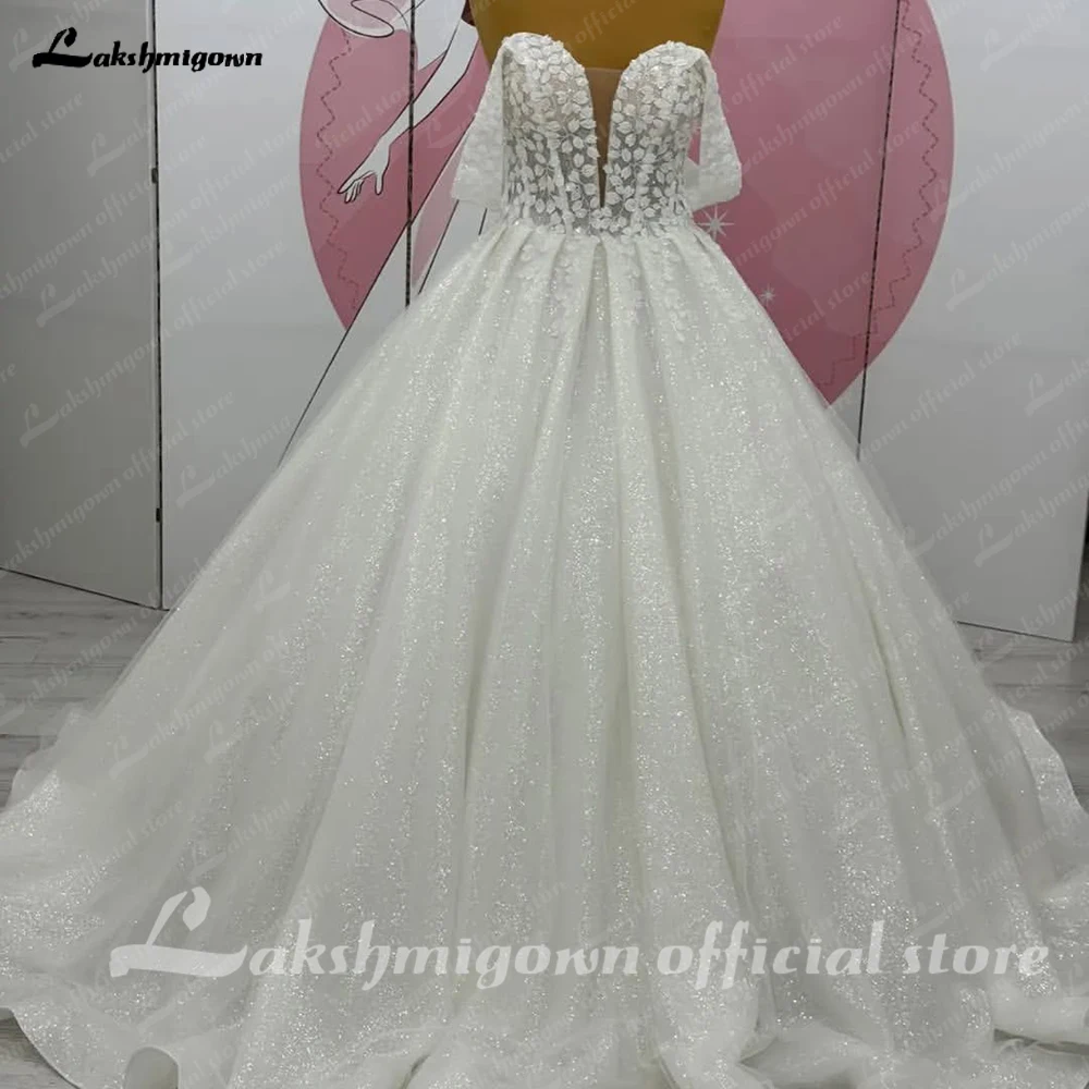 Lakshmigown Sparkly Glitter Wedding Gowns Off The Shoulder 2025 Luxury Women Church Beach Bride Dresses Floral Lace Customized