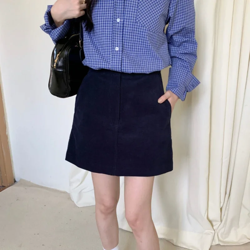 Deeptown Elegant Korean Style Mini Skirts Sweet Retro Autumn Winter Corduroy Skirt A-line Casual High Waist Solid Short Skirts