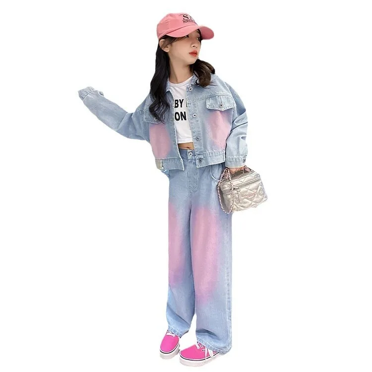 2026 Spring autumn Girls Clothing Set Painting Jacket & wide leg Pants Outfits Teen 6 8 12 Year Kids School Children Denim Suits