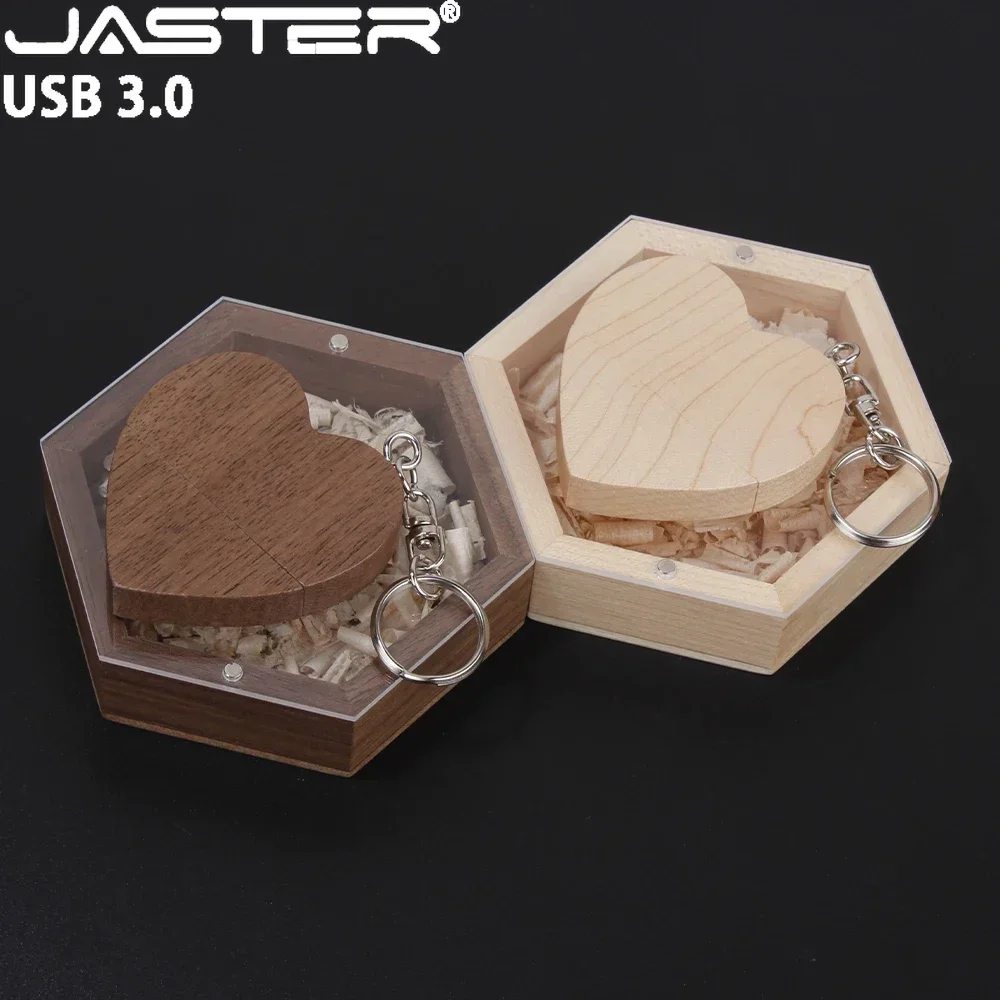 High Speed USB 3.0 Flash Drive 128GB Wood Box Free Logo Pen Drive 64GB Creative Gifts Memory Stick 32GB U disk Heart Memory card