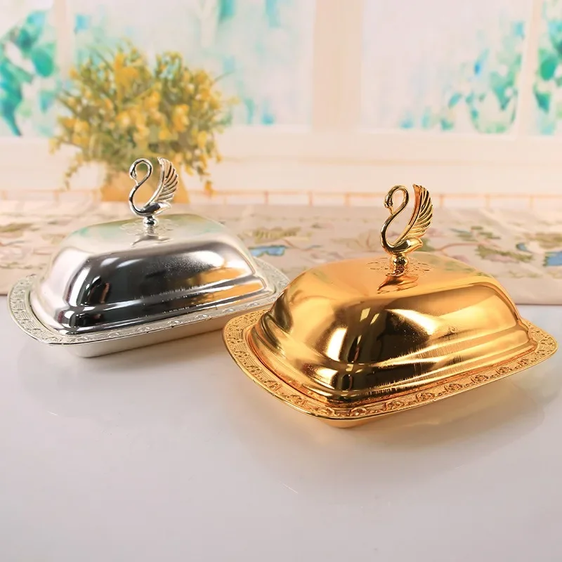 Golden/Silver Color Food Container Dustproof Food Tray with Lid Stainless Steel Butter Dish Box Serving Tray Hotel Supplies