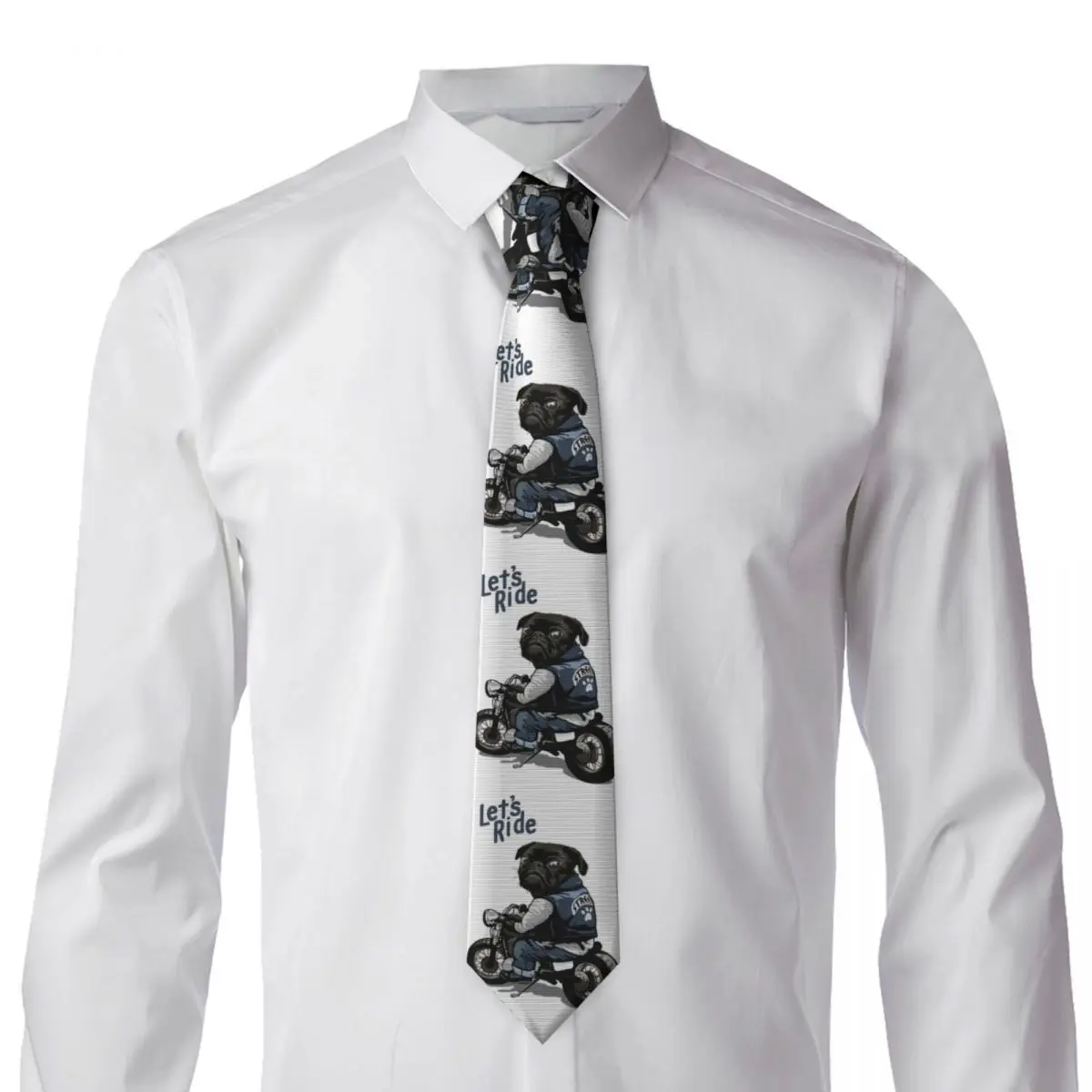 Let's Ride Motorcycle Big Bike Black Pug Dog Necktie for Men Silk Polyester 8 cm Neck Ties Party Suits Tie Casual Gravatas