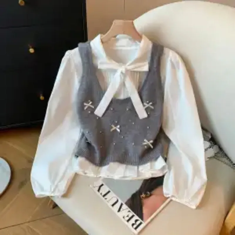 

Пуловер с бантом из бисера, шифоновая рубашка с круглым вырезом, студенческий стиль, трикотажные подтяжки с длинными рукавами и ремешками, комплект из двух предметов