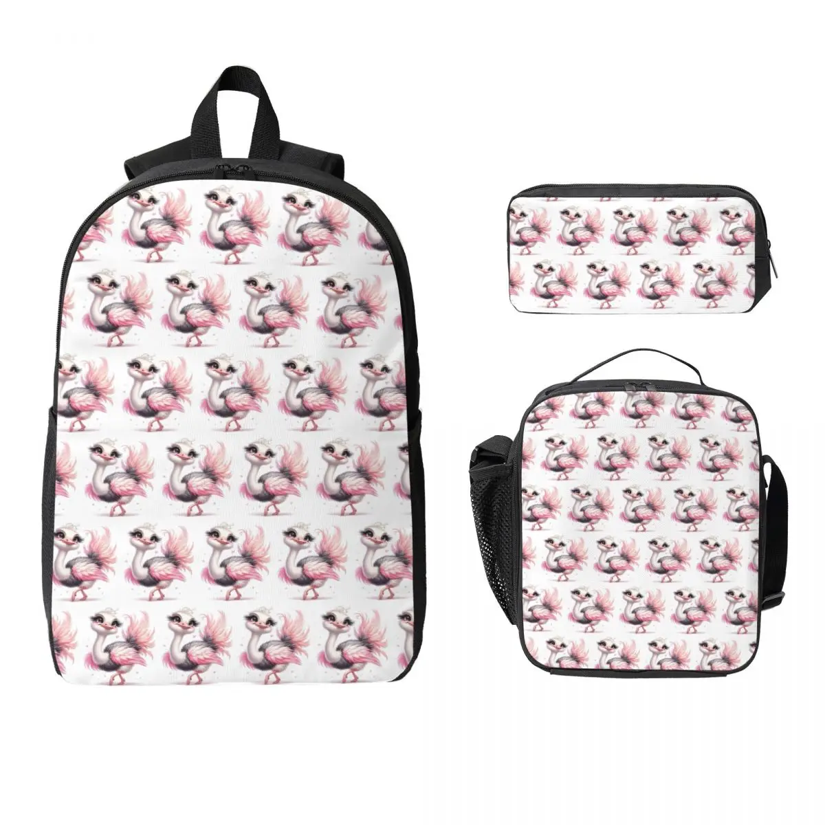 Cartoon Ostrich And Feathers Backpack Student BookBag School Bag Computer Shoulder Bags 3ps Insulated Lunch Bag Pencil Case