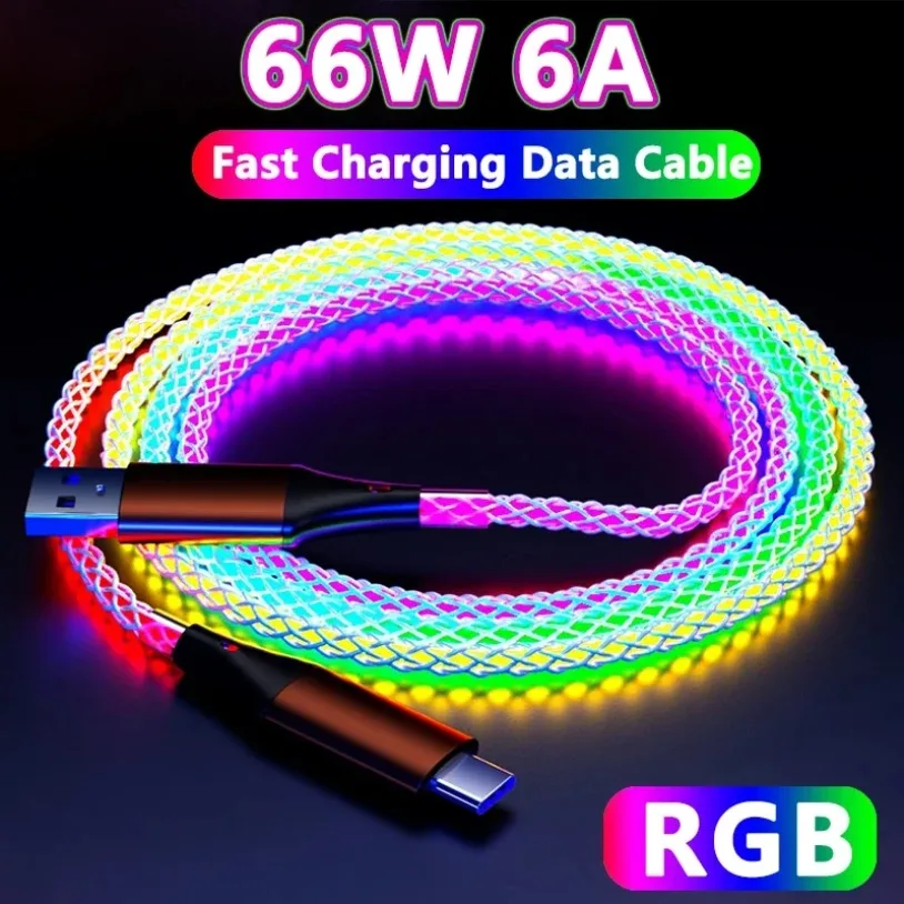 66 W 6 A RGB-Farblicht Typ C Schnellladedatenkabel für Xiaomi K60 Ultra S23 Telefon USB C Autoladekabel für iPhone 14