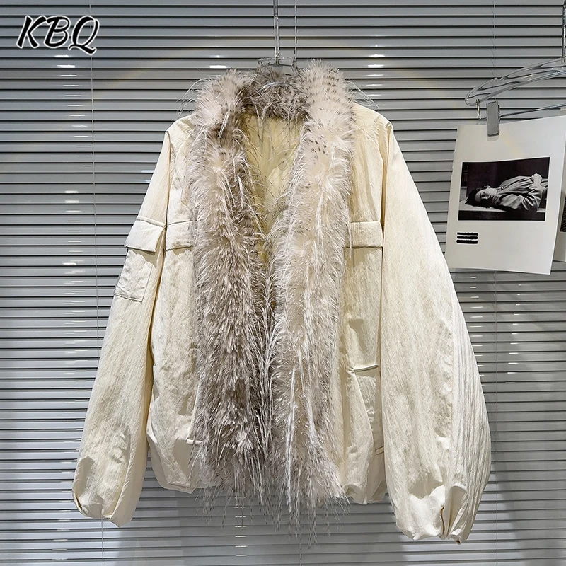 KBQ Casual Spliced Feather Down Coats For Women Cardigan Long Sleeve Chic Design Sense Solid Patchwork Pockets Jacket Female New