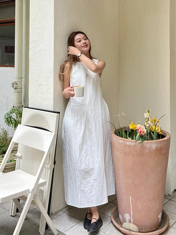 

Ele White Linen Dr Women's Svel round Ne High Waist Skirt Casual Sle Polyester Fiber H Version Single Piece