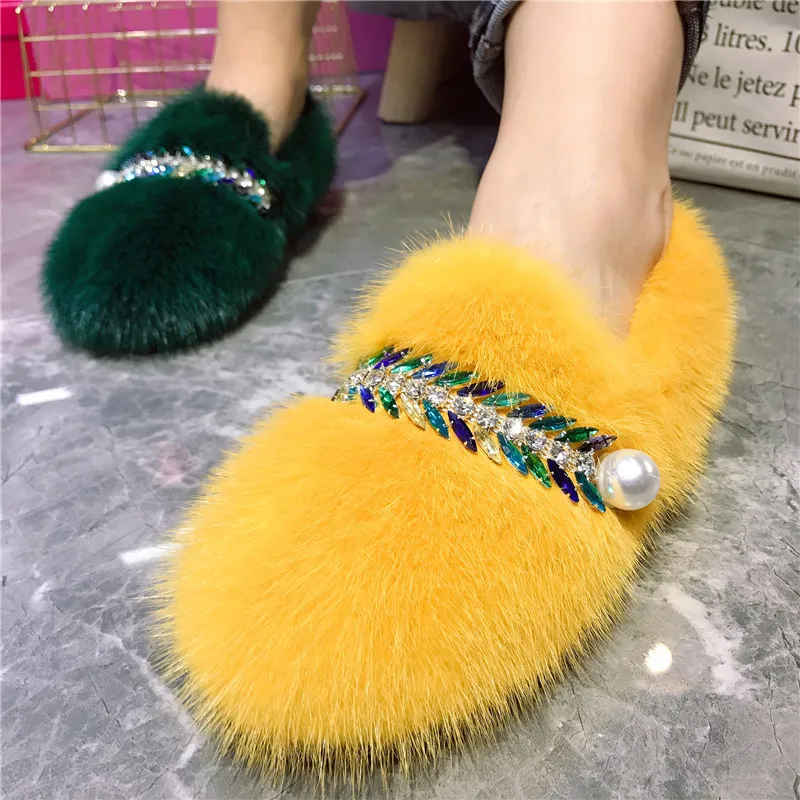 Crystal Decor Women Flats Winter Warm Fur Shoes Fashion Furry Loafers Platform Espadrilles Walking Driving Chaussure Femme