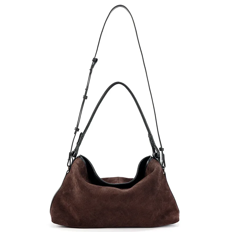 Hot Sale Russia Style No Zipper Design Hobo Tote Coffee Camel Color Suede Cow Leather Female Handbag Daily-use Shoulder Bag