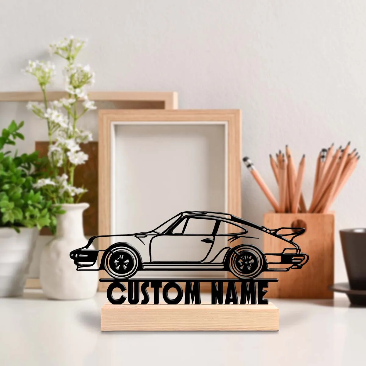1Pc Csutom Name Sports Car Wooden Base Metal Art Ornament,Home Office Hotel Cafe Club Decor,Ideal Gift for Family Friends