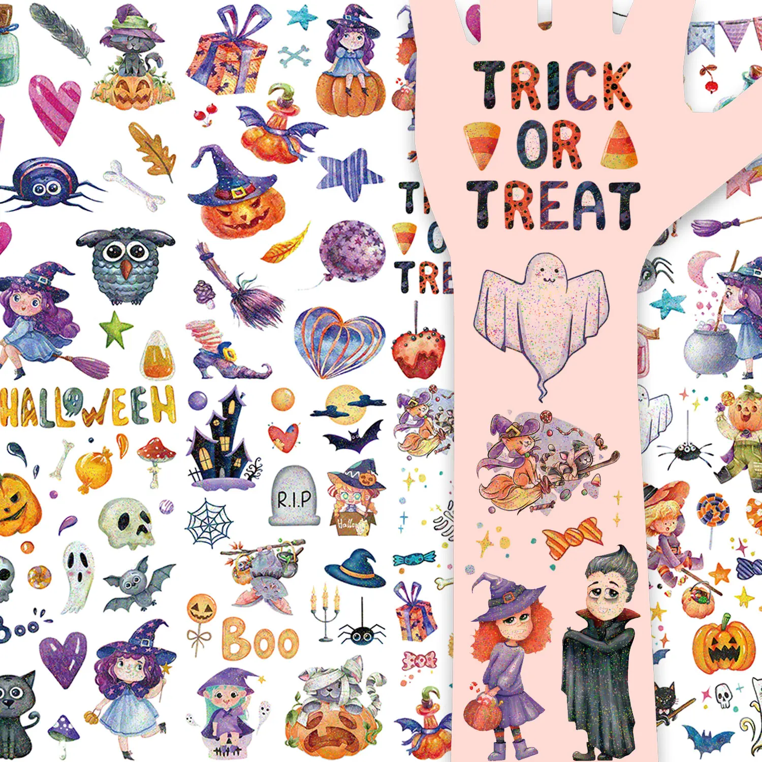 10 Sheets, Halloween Glitter Tattoo Stickers, 148 Vampire, Witch, Pumpkin, Bat, Black Cat, Ghost, and Skeleton Designs, Sparkling Fun Waterproof Temporary Tattoo Stickers, Suitable for Halloween Parties, Role-Playing, and Temporary Makeup