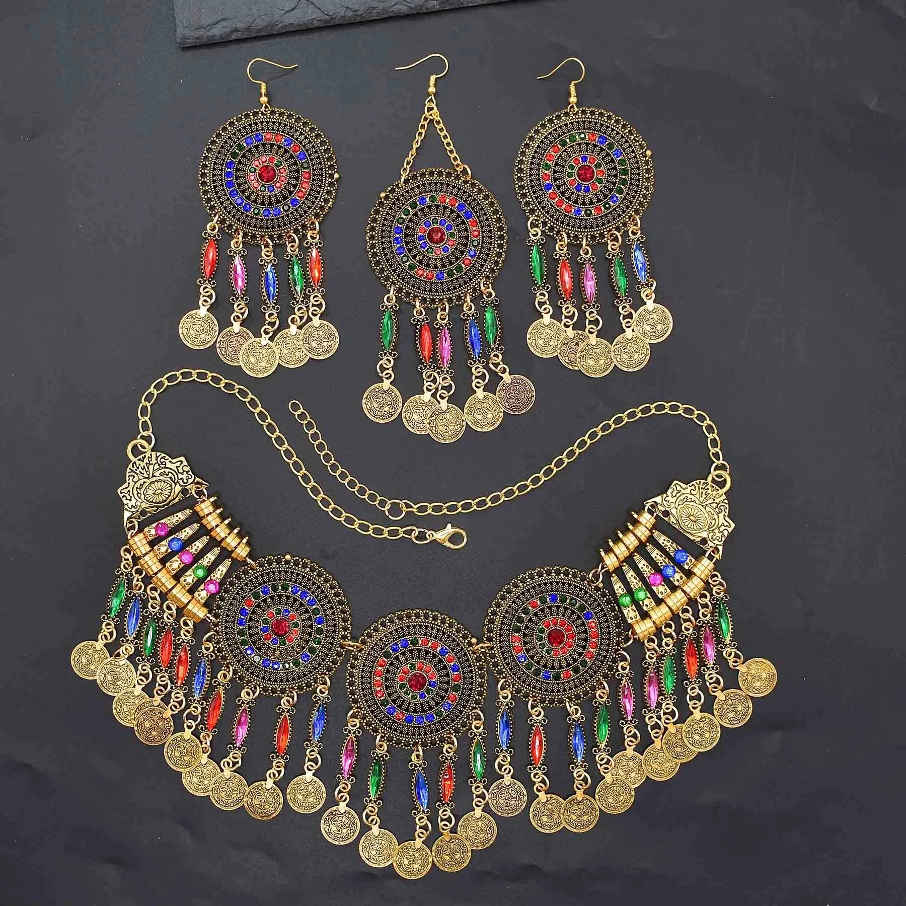3pcs Indian Afghan Jewelry Sets Necklace Earrings Hairbands for Women Boho Ethnic Coins Tassels Colorful Crystal Drop Accessory
