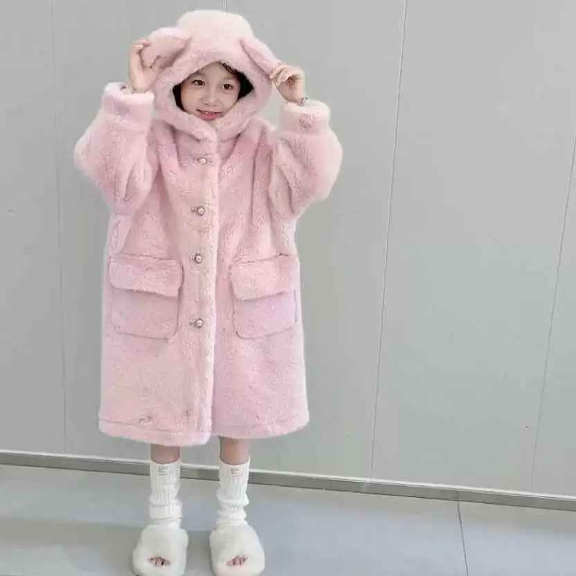 Autumn Winter New Children's Faux Fur Jacket Imitation Mink Fur Hooded Warm Fur Coat Overcoat A4219