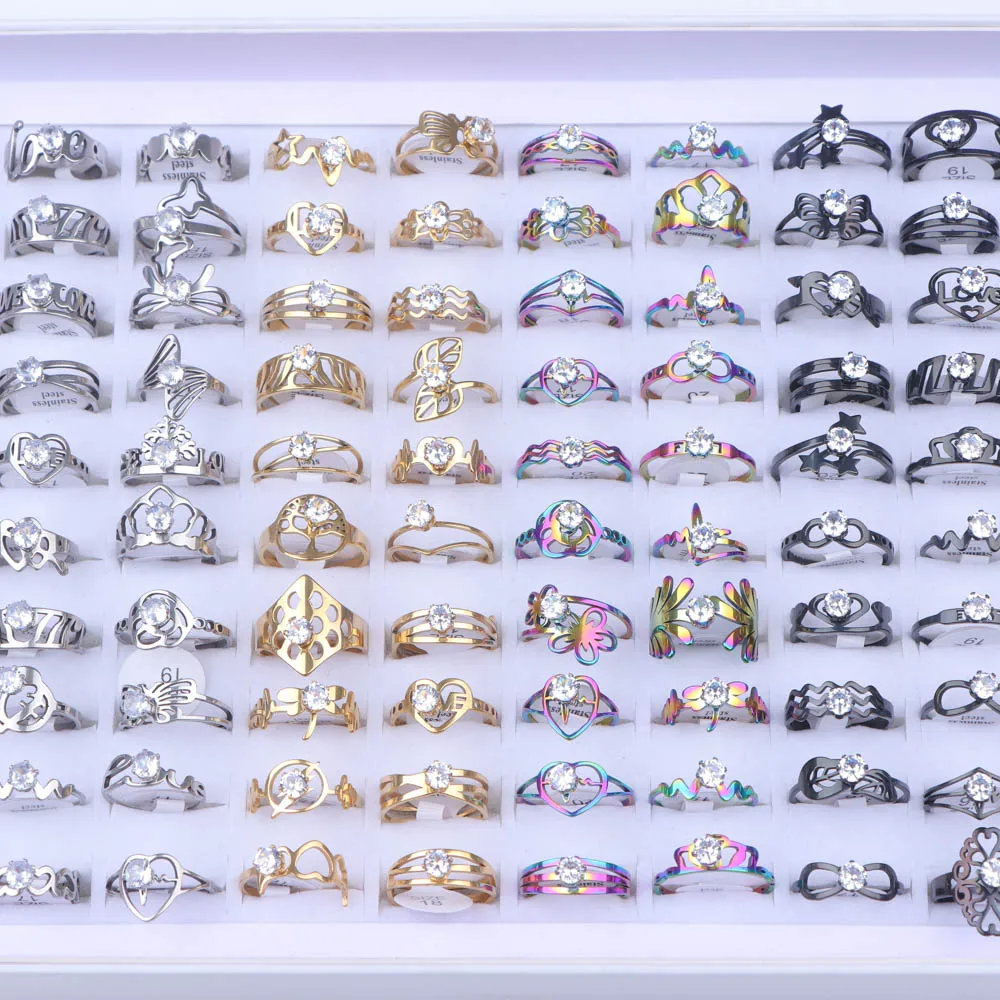 30Pcs/Lot Fashion Trendy Stainless Steel Zircon Rings For Women Men Mixed Style Hollow Heart Flower Jewelry Party Gifts