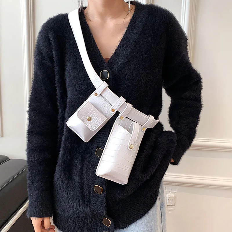 

2 Pcs Woman Waist Bag Leather Crossbody Chest Bag 2024 Winter Female Fanny Pack Designer Belt Bag fashion Chest pack Phone purse