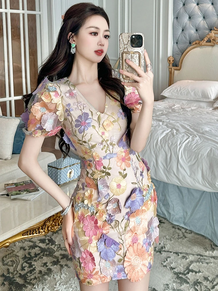 Summer Sweet Floral Evening Dress Women Clothes Mujer Elegant Chic Sexy Puff Sleeve Slim Vacation Holiday Party Birthday Vestido