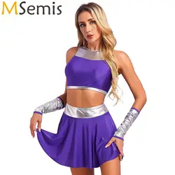 Womens Halloween Metallic Patchwork Suit Cheerleading Outfits Sleeveless Crop Top Gloves And Mini Swing Skirt Cosplay Costumes