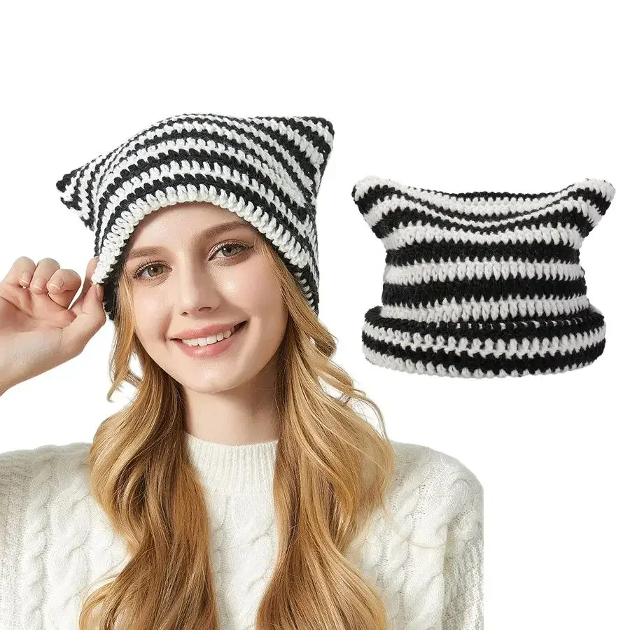 New Korean Beanie Handmade Striped Knitted Hat For Women Girls Autumn Winter Ins Yk2 Little Devil Cute Cat Ears Cap Party Gift