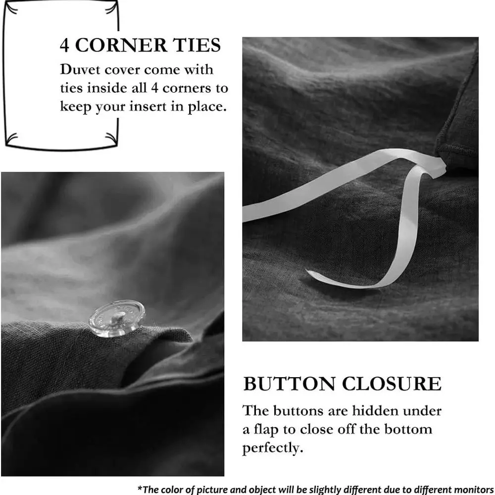 طقم غطاء لحاف من الكتان بحافة مطرزة - 3 قطع (غطاء واحد + 2 شمس)، زر إغلاق، مسامي، نمط المزرعة، رمادي داكن #3