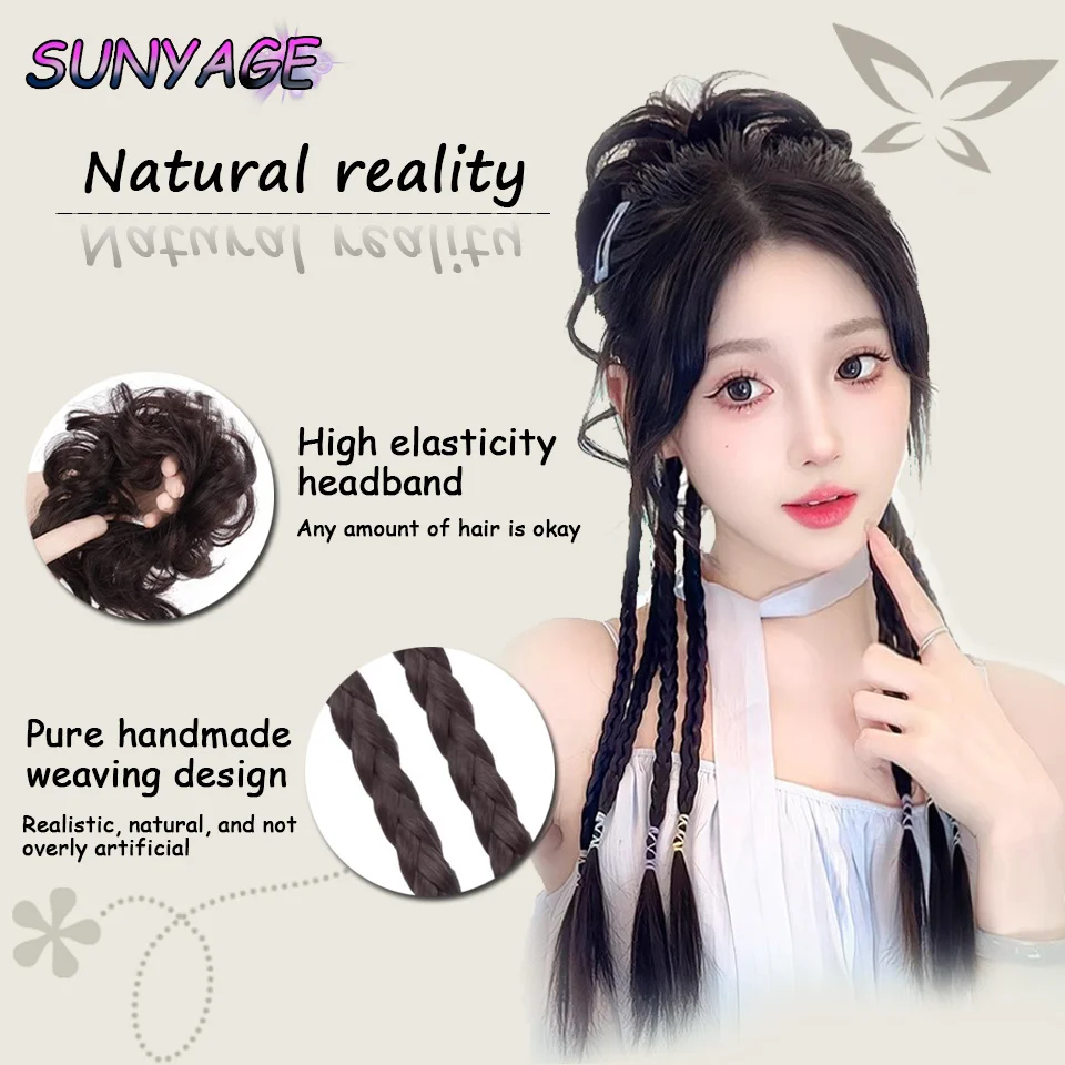 SUNYAGE Women's synthetic ponytail wig with dragon beard hair loop, braided twisted punching, braided low ponytail