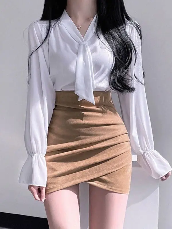 Elegant Fairylike Women's Long Sleeve Spring Autumn Chiffon Shirt Bubble Sleeve Top Korean Style Loose Fit V Neck Button...