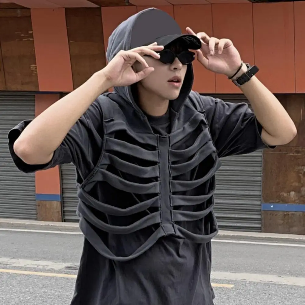 

American Hip-hop Vest Retro Hooded Vest Coat for Men American Hip-hop Skull Rib Design Solid Color Pullover Style Jacket Hooded