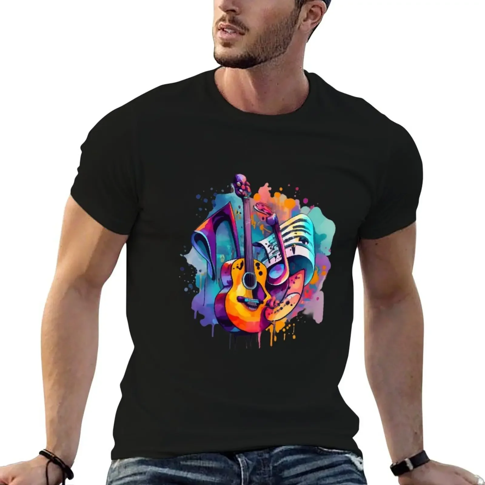 Gitar watercolor painting T-Shirt summer clothes plus size clothes luxury clothes men