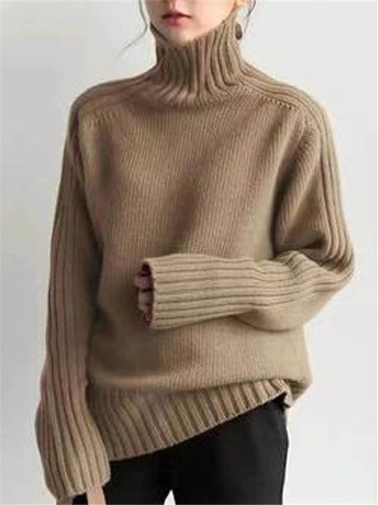 REALEFT Elegant Autumn Winter Casual Loose Women Sweater 2023 New Solid Turtleneck Knitted Sweaters Long Sleeve Pullover Female