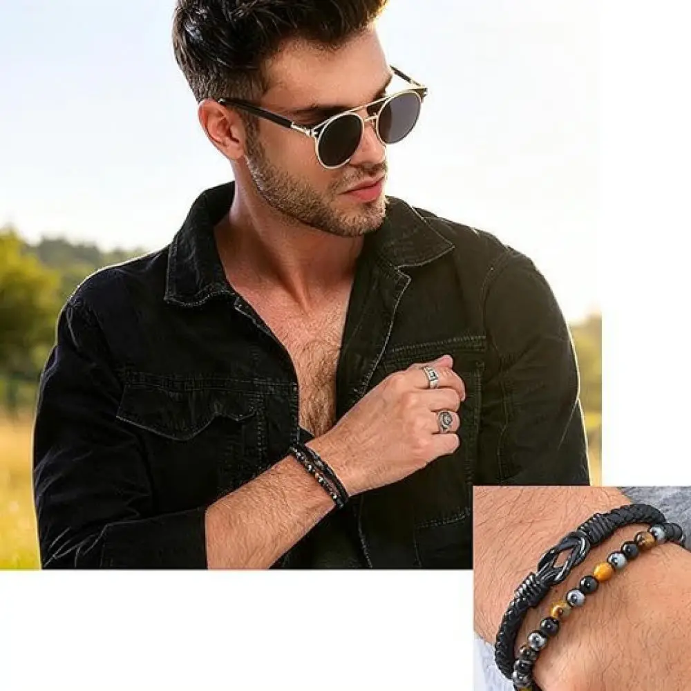 Mens Multi Layer Leather Cuff Bracelet Stainless Steel Rope Chain Natural Tiger Eye Gemstone Magnetic Buckle Wristband