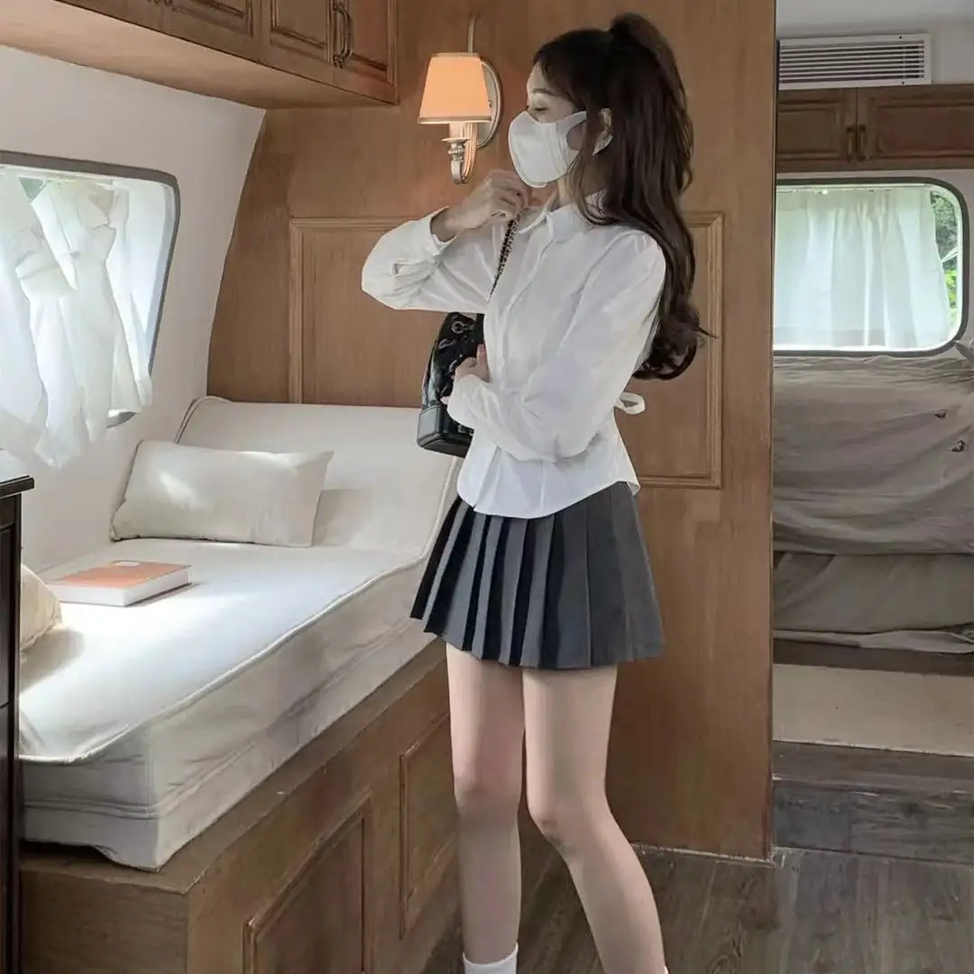 Preppy Bandage Basic White Shirt Women Slim Long Sleeve Cute Top School Button Down Tunic Shirts Blouse Female Casual Lady
