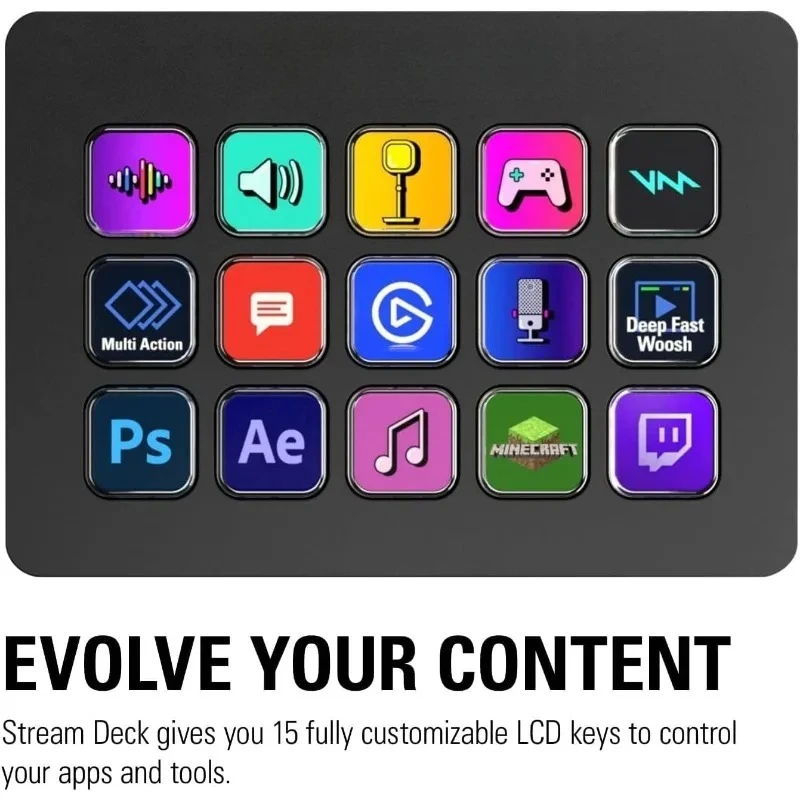 15 مفتاحًا ماكروًا، تشغيل الأنشطة في التطبيقات والبرمجيات مثل OBS، Twitch، YouTube والمزيد، والميزات الفريدة