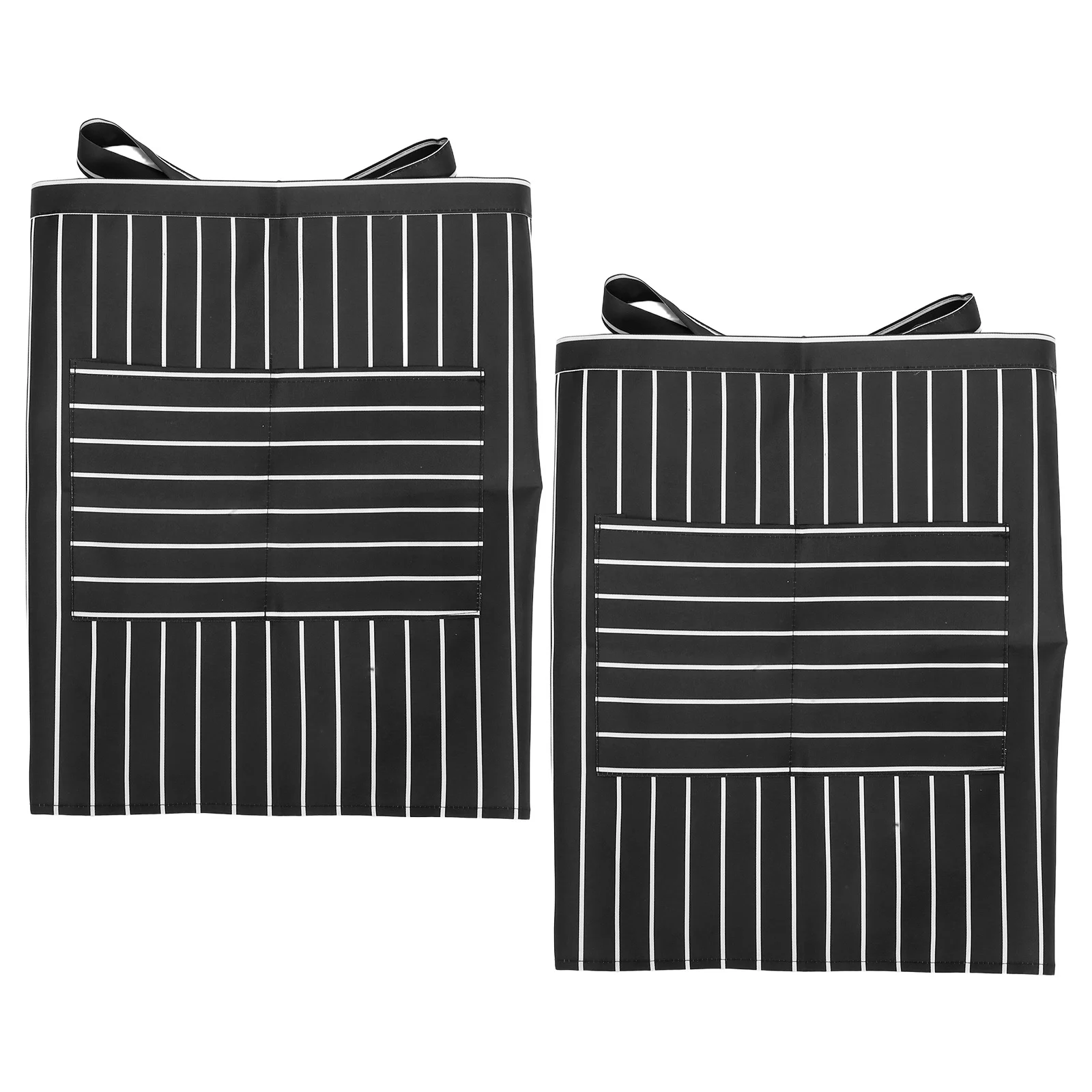 

2Pcs Black White Striped Waitress Apron Adjustable Waist Tie Half Apron Spacious Pockets for Restaurant Cafe Bartender Use