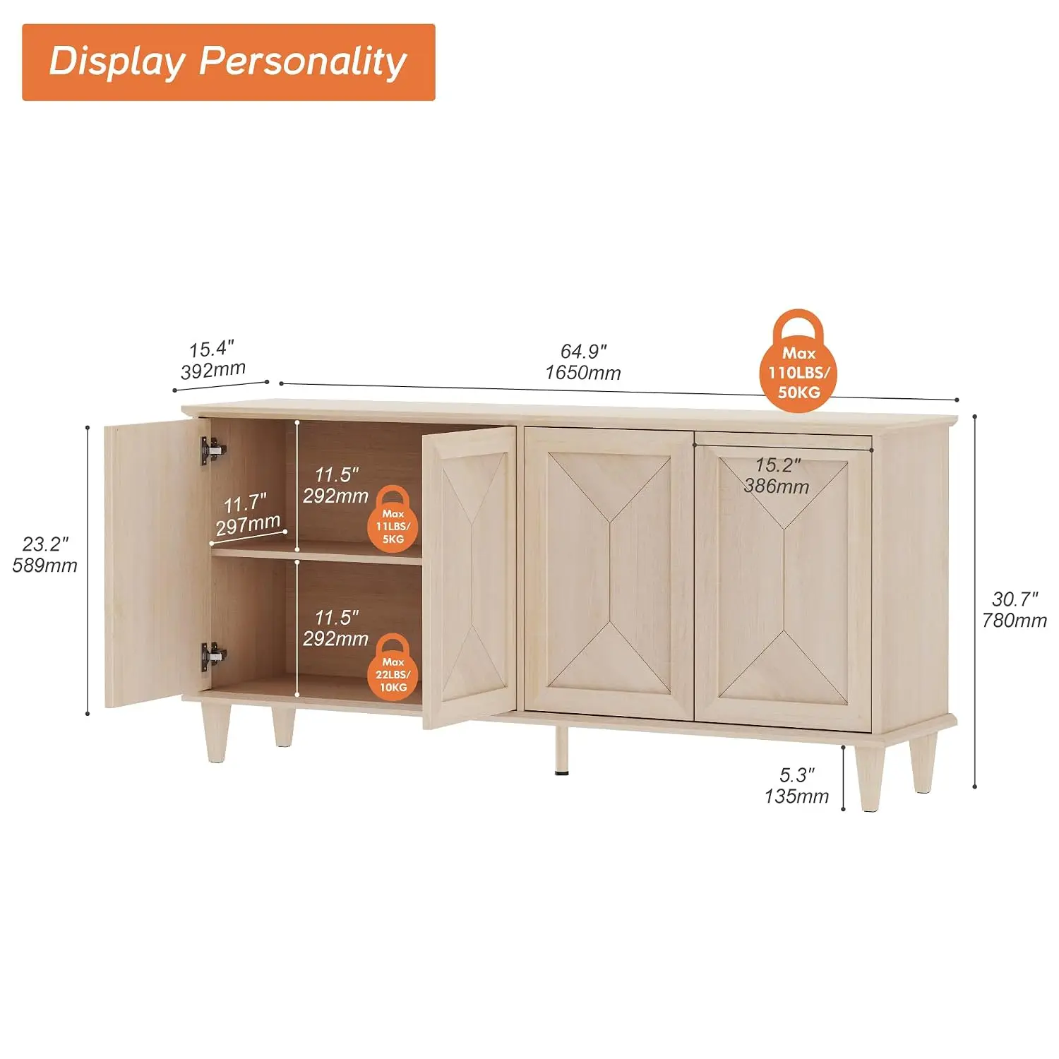 65-inch Handcrafted Patchwork Decorative Buffet Cabinet With Pop-Up Design Doors,Full Unit Modern Farmhouse Accent, Customized