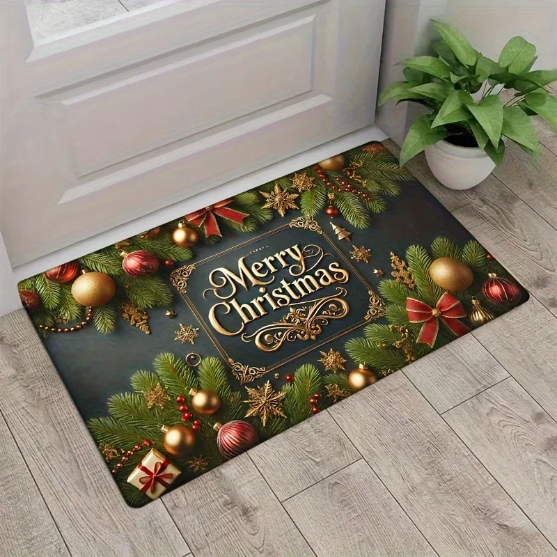 Merry Christmas Flannel Door Mat Carpet, Festive Tree Ball Design Non-Slip  Thick Sponge for Bedroom Kitchen Bathroom Decor