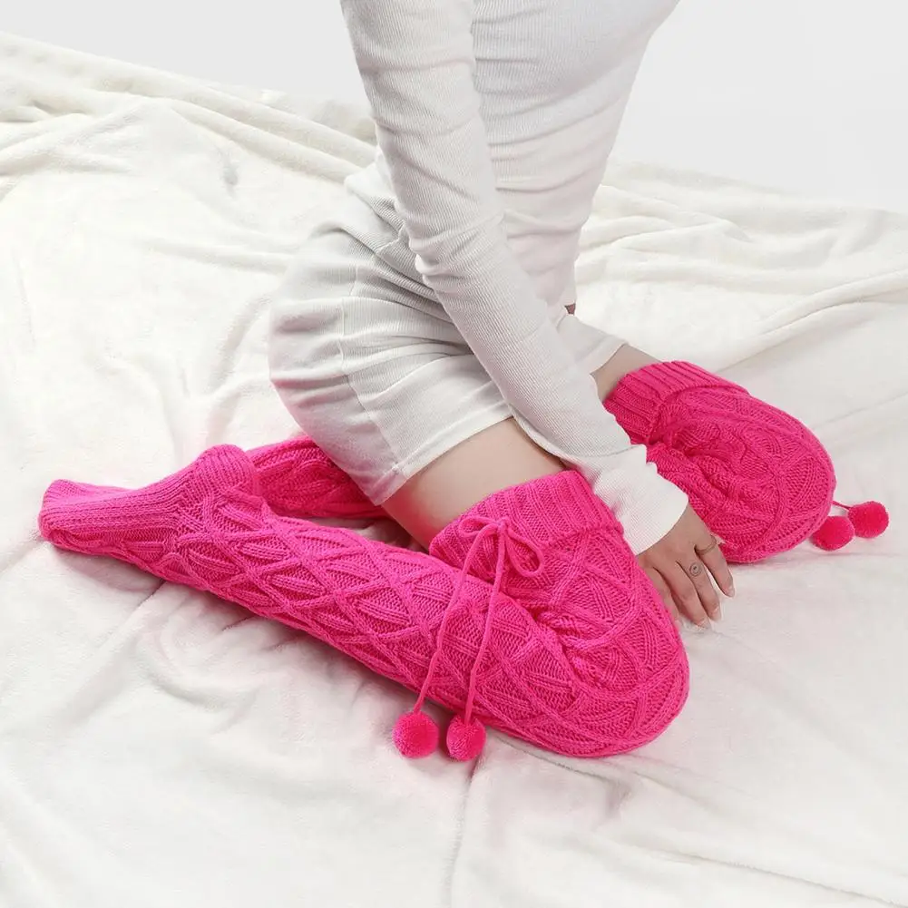 

Comfortable Knit Stockings Women's Long Knit Socks with Wool Balls Rhombus Texture Autumn Winter Stockings Cozy Stylish for Cold