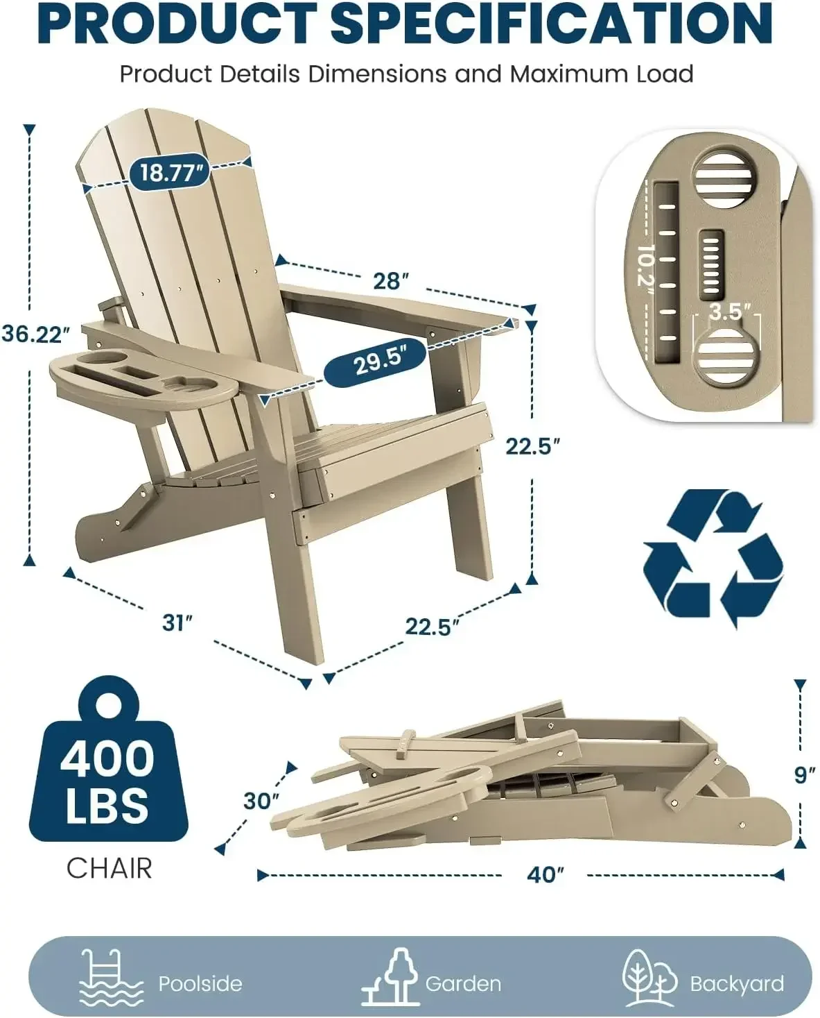 Folding Adirondack Chair Set of 2, HDPE Adirondack Chairs with Cup Holder, Weather Resistant Plastic Fire Pit Chairs for Outdoor