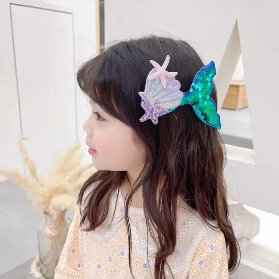 1PCS New Starfish Shell Sequin Mermaid Princess Baby Girls Hairpins Hair Clips Cute Kids Headwear Children Accessories