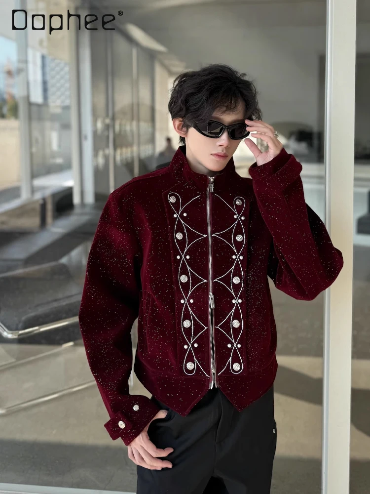 

Spring and Autumn New Starry Sky Design Red Padded Shoulder Short Jacket for Men High-end Black Turn-down Collar Jacket