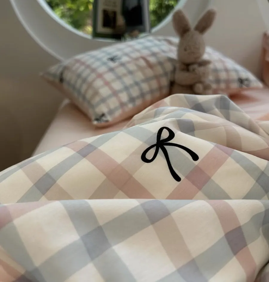 

Cute sweet blue pink plaid bow bedding set 1.2 1.5 1.8 teen,twin full queen cotton home textile bed sheet pillowcase quilt cover