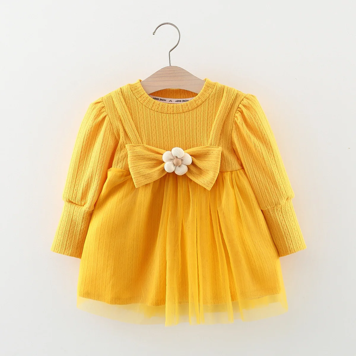 Spring And Autumn Baby Long Sleeve Dress Girl\'S Beautiful Flower Mesh Panel Bubble Sleeve Skirt Toddler Comfortable Clothes