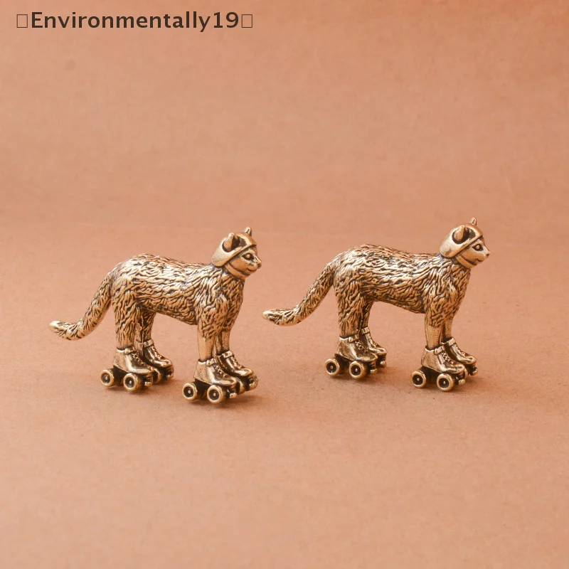 Brass Distressed Ski Cat Figurine Miniature Tea Pet Craft Desktop Small Ornament Animal Home Decor Accessories Children Gift