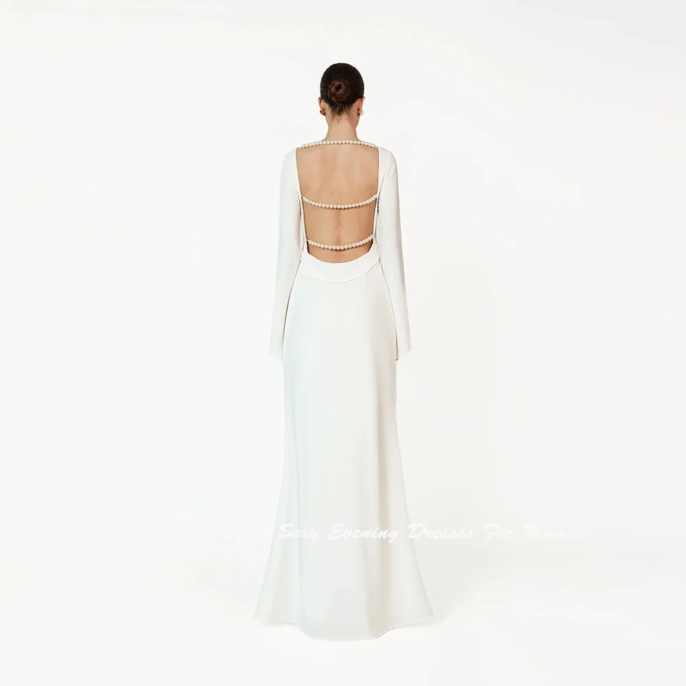 Customized White Crepe Wedding Dresses For Sexy Women Evening Dress With Pearls On Back Floor-length Backless Summer Prom Dress