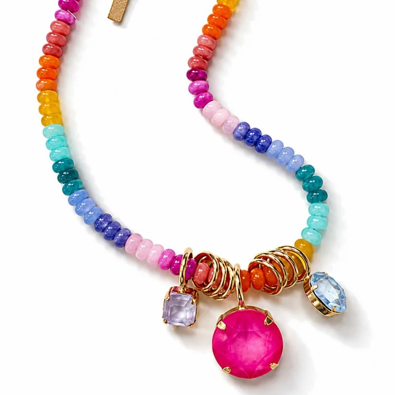 Dopamine Colorful Crystal Beaded Necklace for Women Heart Zircon Pendant Rainbow Handmade Short Choker Aesthetic Jewelry Gift