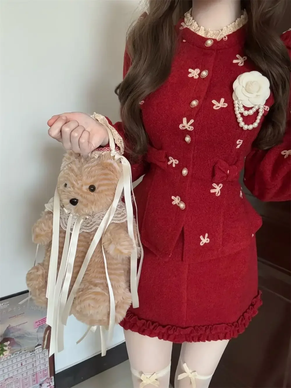 IMU Winter Christmas New Years Elegant 2 Piece Set Women O-neck Retro Tops + Pleated Design Mini Skirt Female Korean Popular Clo
