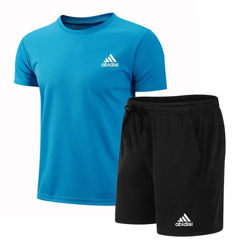 New 2025 Summer men's breathable T-shirt + quick-drying shorts 2-piece outdoor men's short-sleeved pullover sports casual suit