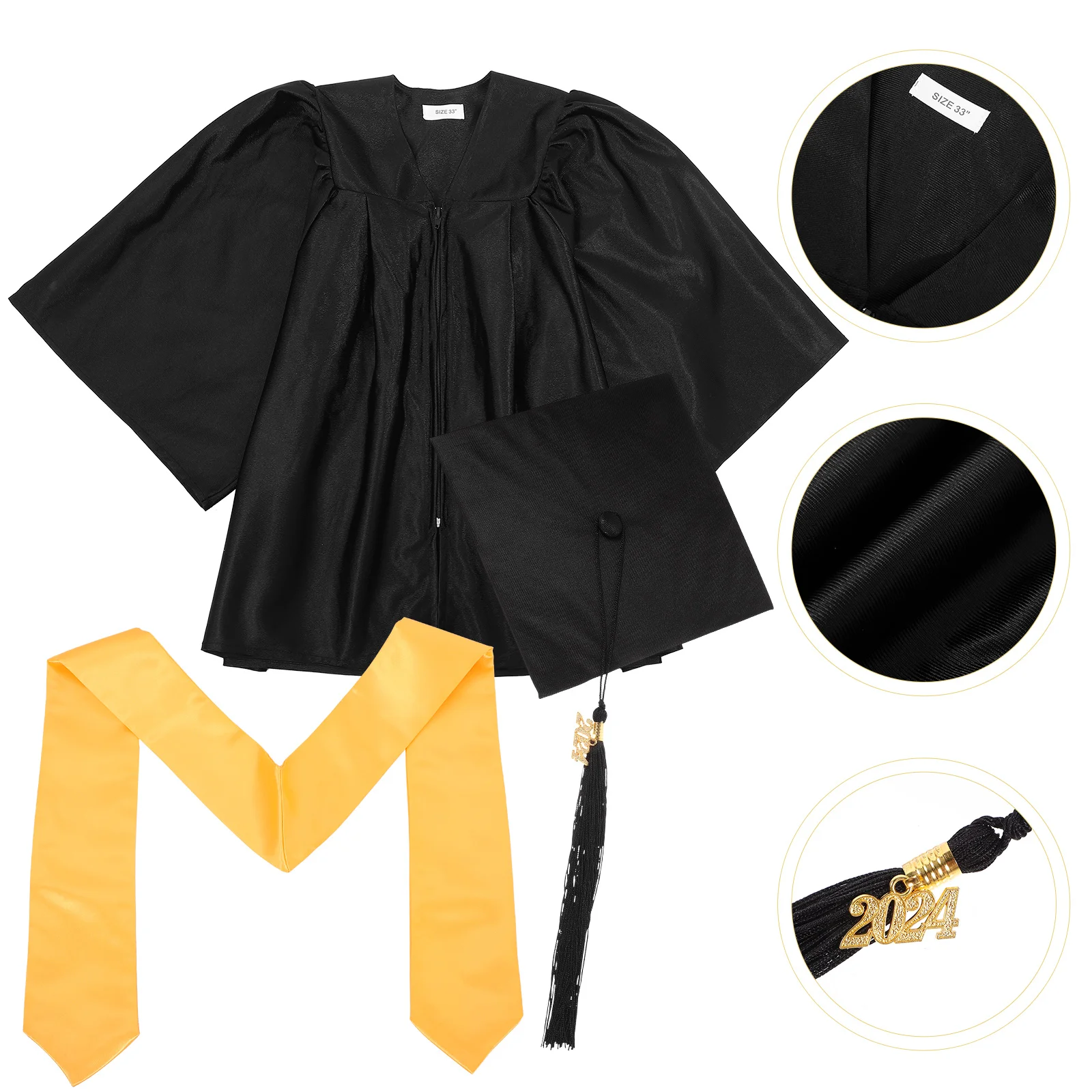 

33 Kids Graduation Gown Cap Sash Set 2024 Pendant Elementary School Kindergarten Smooth Polyester Concealed Zipper